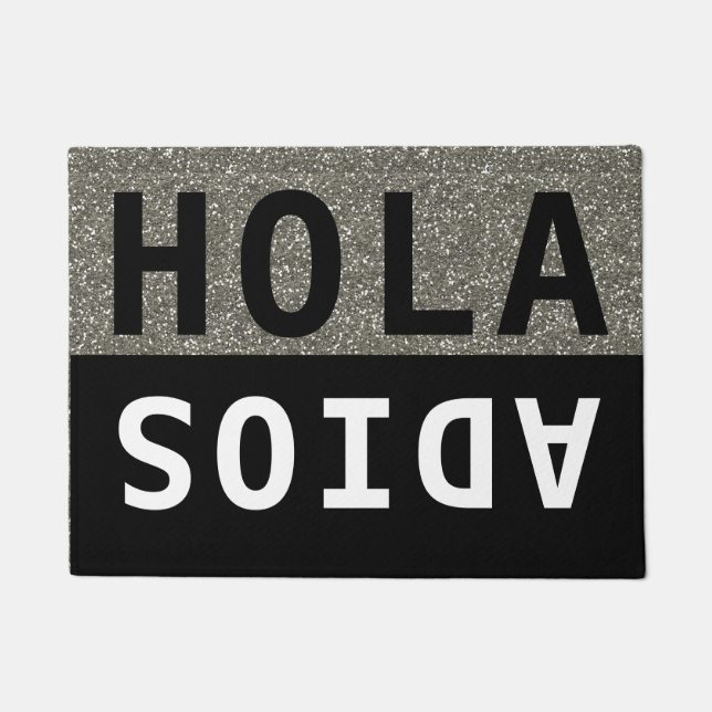 Black & Silver Glitter Hola Adios Spanish Welcome Doormat (Front)