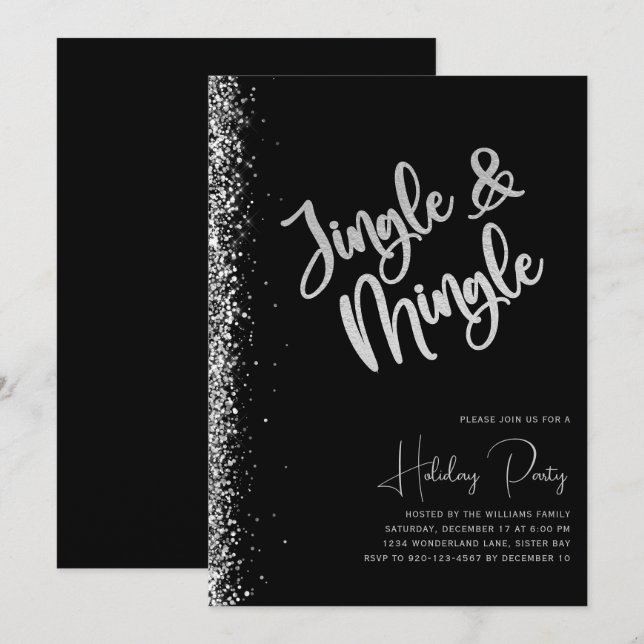 Black Silver Glitter Jingle Mingle Holiday Party Invitation (Front/Back)