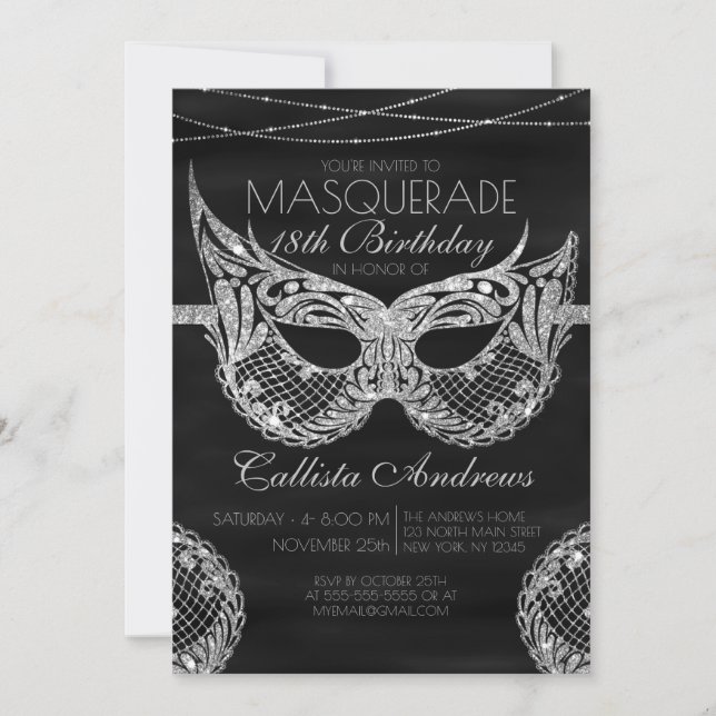 Black Silver Glitter Lace Masquerade Birthday Invitation (Front)