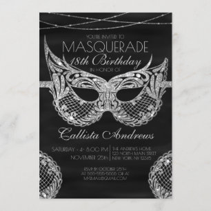 Black Silver Glitter Lace Masquerade Birthday Invitation