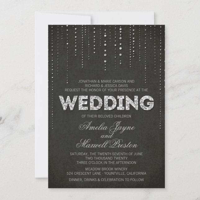 Black & Silver Glitter Look Wedding Invitation (Front)