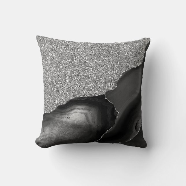 Black Silver Glitter Luxury Agate Geode Cushion (Front)