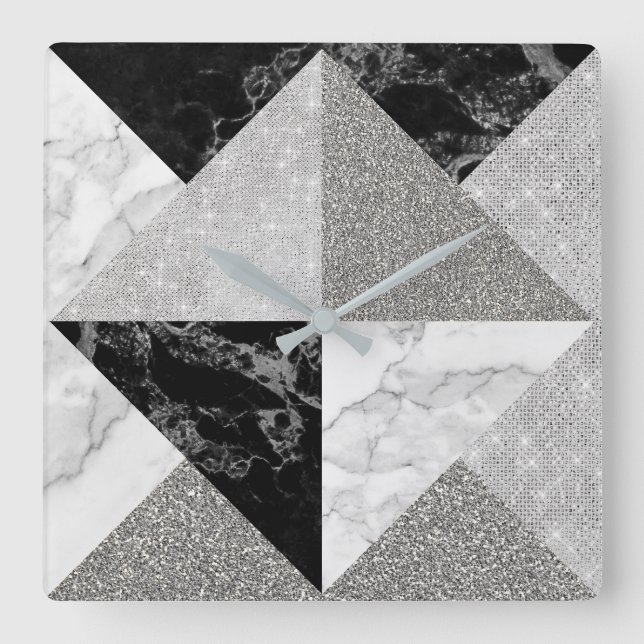 Black Silver Glitter Marble Grey Geometry Metallic Square Wall Clock (Front)