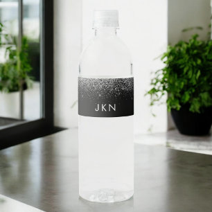 Black Silver Glitter Modern Monogram Name Water Bottle Label