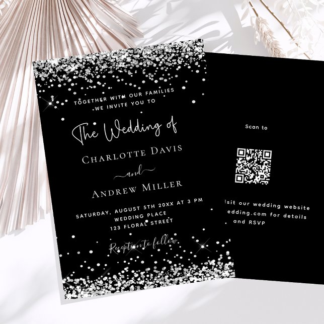 Black silver glitter modern QR RSVP luxury wedding Invitation (Creator Uploaded)