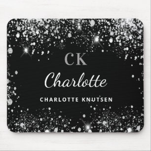 Black silver glitter monogram initails name  mouse mat