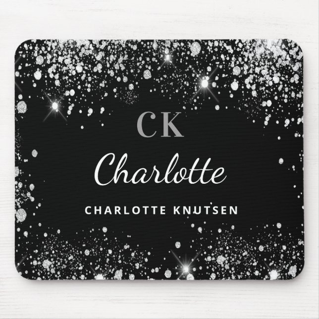 Black silver glitter monogram initails name  mouse mat (Front)