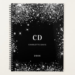 Black silver glitter monogram initials 2025 planner