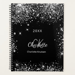 Black silver glitter monogram initials 2025 planner