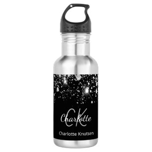 Black silver glitter monogram initials name  532 ml water bottle