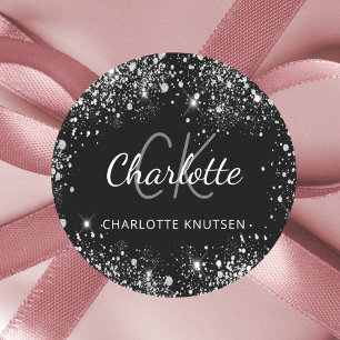 Black silver glitter monogram initials name classic round sticker