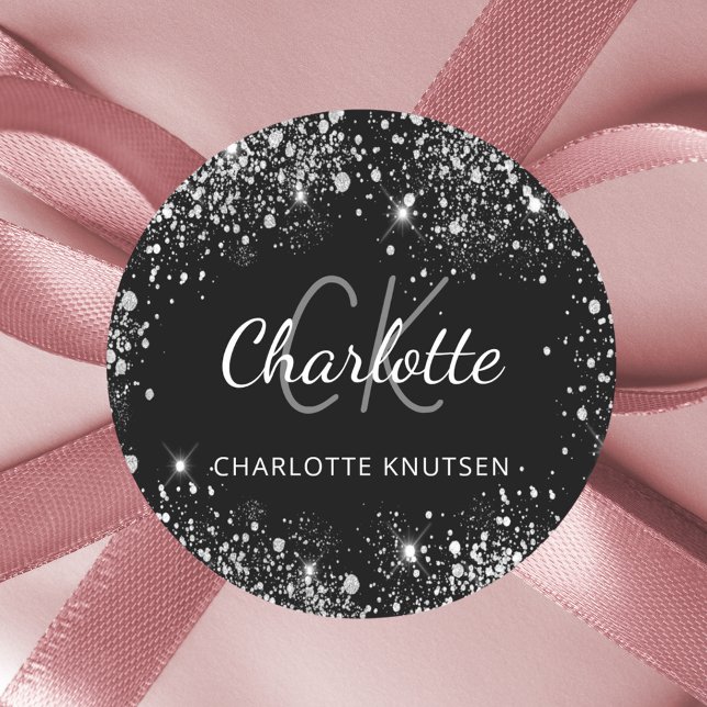 Black silver glitter monogram initials name classic round sticker (Creator Uploaded)