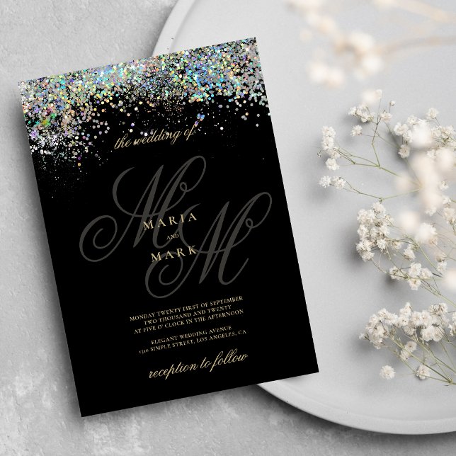Black silver glitter monogram initials wedding  invitation (Black silver glitter monogram initials wedding )