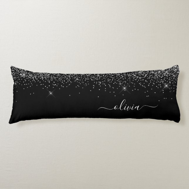 Black Silver Glitter Monogram Name Girly Body Cushion (Front)