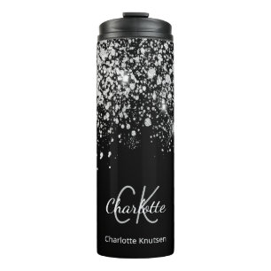 Black silver glitter monogram name sparkle thermal tumbler