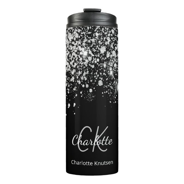 Black silver glitter monogram name sparkle thermal tumbler (Front)