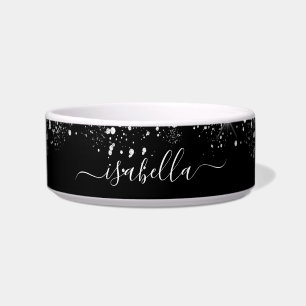 Black silver glitter name script bowl