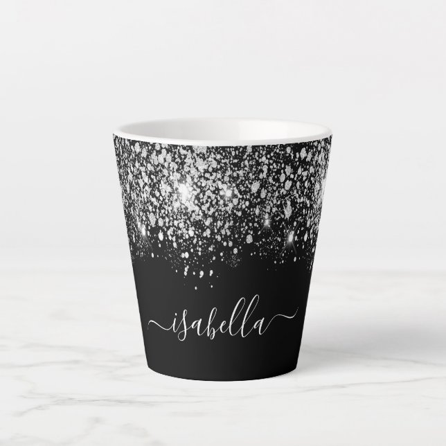 Black silver glitter name script latte mug (Front)