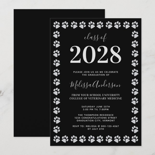 Black Silver Glitter Paw Prints Graduation Invitation (Front/Back)