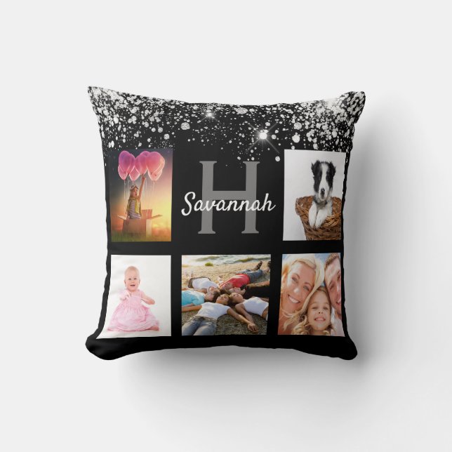 Black silver glitter photo collage monogram name cushion (Front)