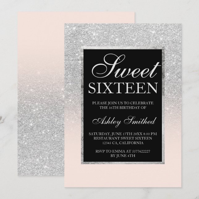 black silver glitter pink elegant chic Sweet 16 Invitation (Front/Back)