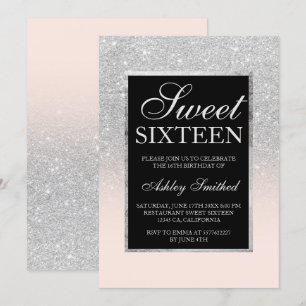 black silver glitter pink elegant chic Sweet 16 Invitation