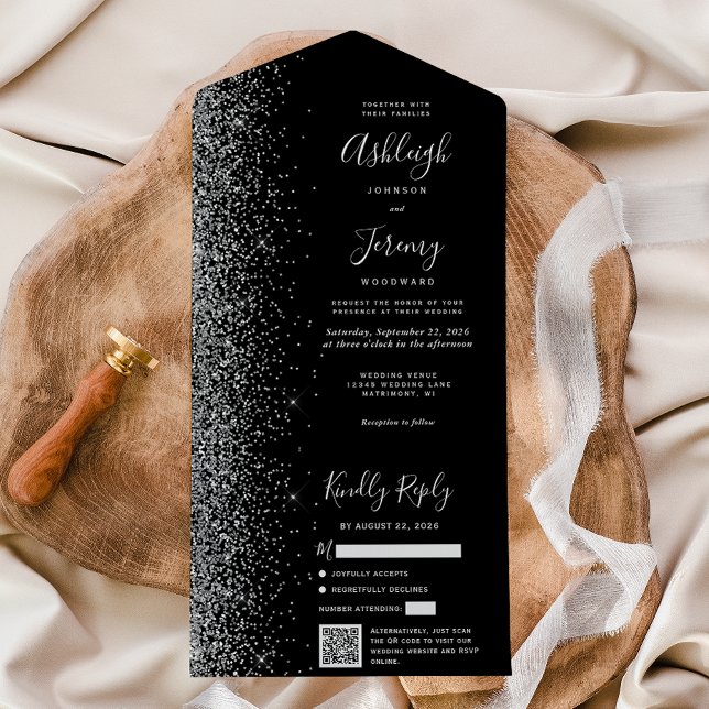 Black Silver Glitter QR Code Wedding All In One Invitation (Creator Uploaded)