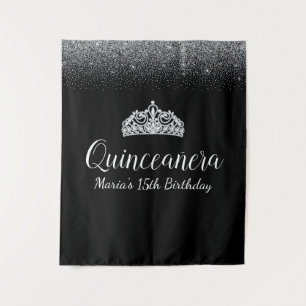 Black & Silver Glitter  Quinceanera Party Backdrop Tapestry