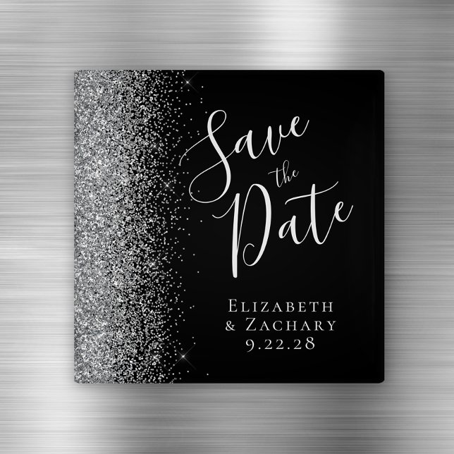 Black Silver Glitter Script Save the Date Magnet (Creator Uploaded)