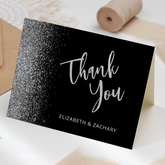 Black Silver Glitter Script Wedding Thank You Card (Creator Uploaded)