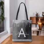 Black Silver Glitter Sparkle Elegant Monogram Tote Bag<br><div class="desc">Luxury Silver and Black Faux Sparkle and Glitter Elegant Monogram Book Bag. This Book Bag can be customised to include your initial and first name and given as a gift for Christmas,  Sweet 16 Birthday,  Bridal Shower or a Wedding.</div>