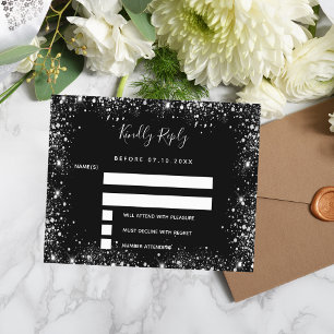 Black silver glitter sparkles budget wedding RSVP
