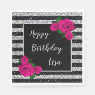 Black Silver Glitter Stripes Pink Roses Birthday Napkin