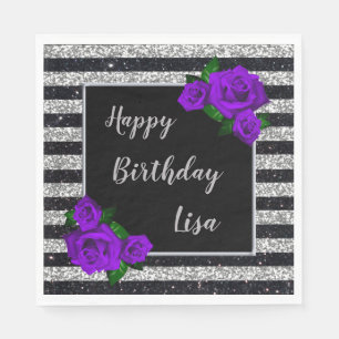 Black Silver Glitter Stripes Purple Roses Birthday Napkin