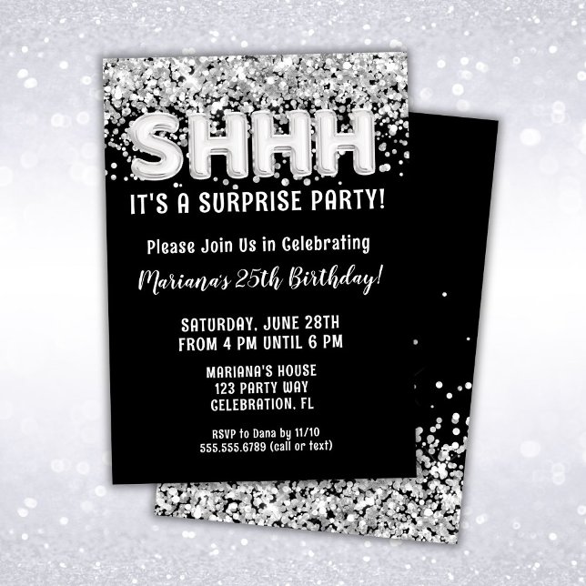 Black Silver Glitter Surprise Birthday Party Invitation (Creator Uploaded)