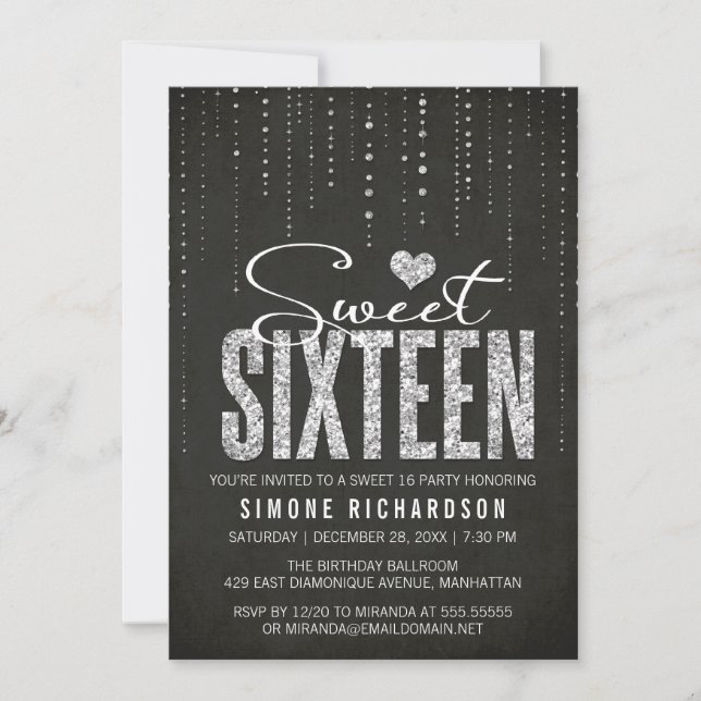 Black & Silver Glitter Sweet 16 Invitation (Front)