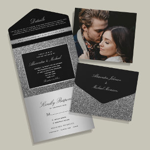 Black Silver Glitter Wedding All In One Invitation