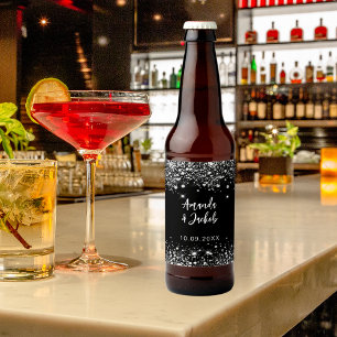 Black silver glitter wedding beer bottle label