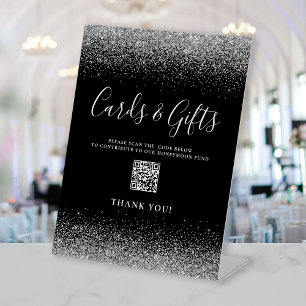 Black Silver Glitter Wedding Cards Gifts QR Code Pedestal Sign