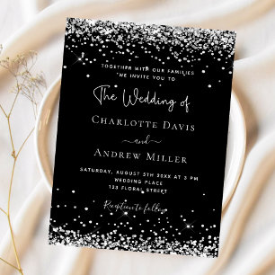 Black silver glitter wedding invitation