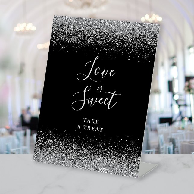 Black Silver Glitter Wedding Love Is Sweet Pedestal Sign (Creator Uploaded)