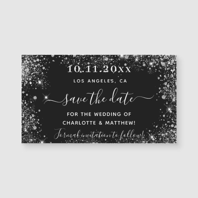 Black silver glitter wedding save the date magnet (Front)