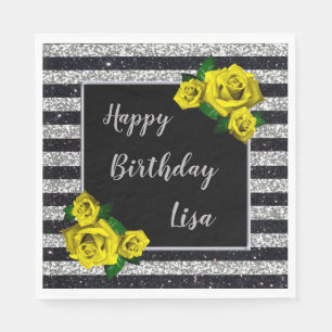 Black Silver Glitter Yellow Roses Birthday Napkin
