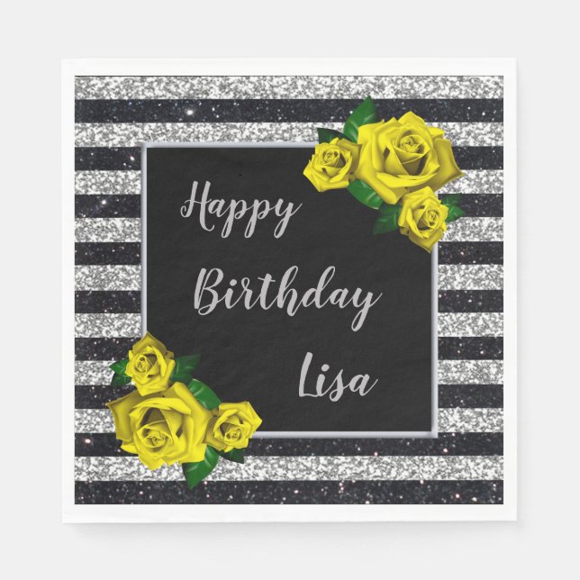 Black Silver Glitter Yellow Roses Birthday Napkin (Front)