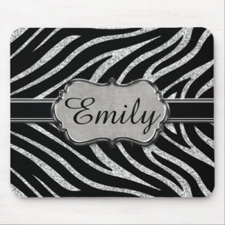 Black Silver Glitter Zebra Pattern Monogram Mouse Mat