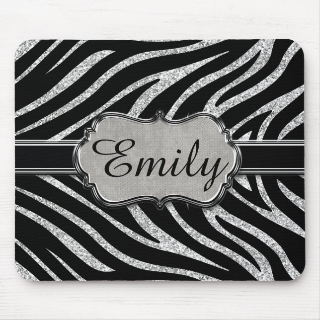 Black Silver Glitter Zebra Pattern Monogram Mouse Mat (Front)