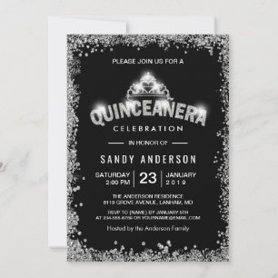 Black Silver Glitters Quinceanera 15th Birthday Invitation