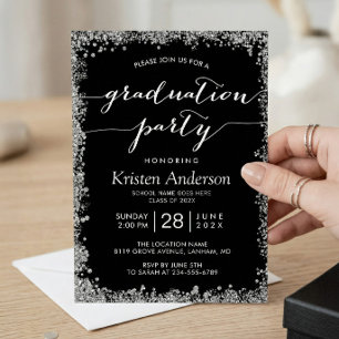 Black Silver Glitters Typography Graduation Party Invitation