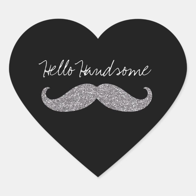 Black Silver Glitz Moustache Hello Heart Sticker (Front)