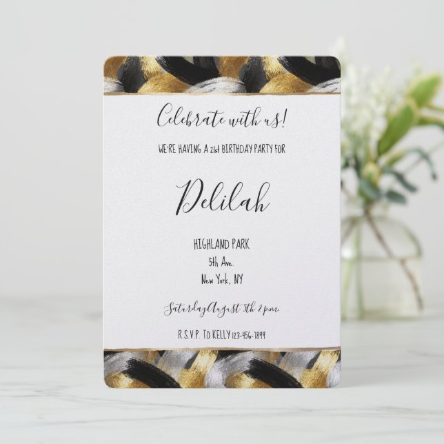 Black Silver Gold Glam Abstract Birthday Invitation (Standing Front)